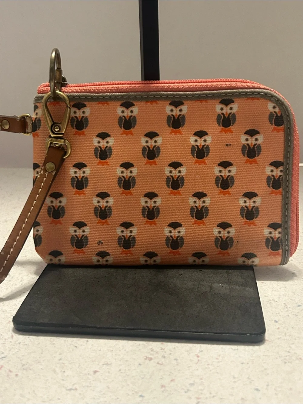 Fossil Peach Canvas Owl Zip Card Wristlet